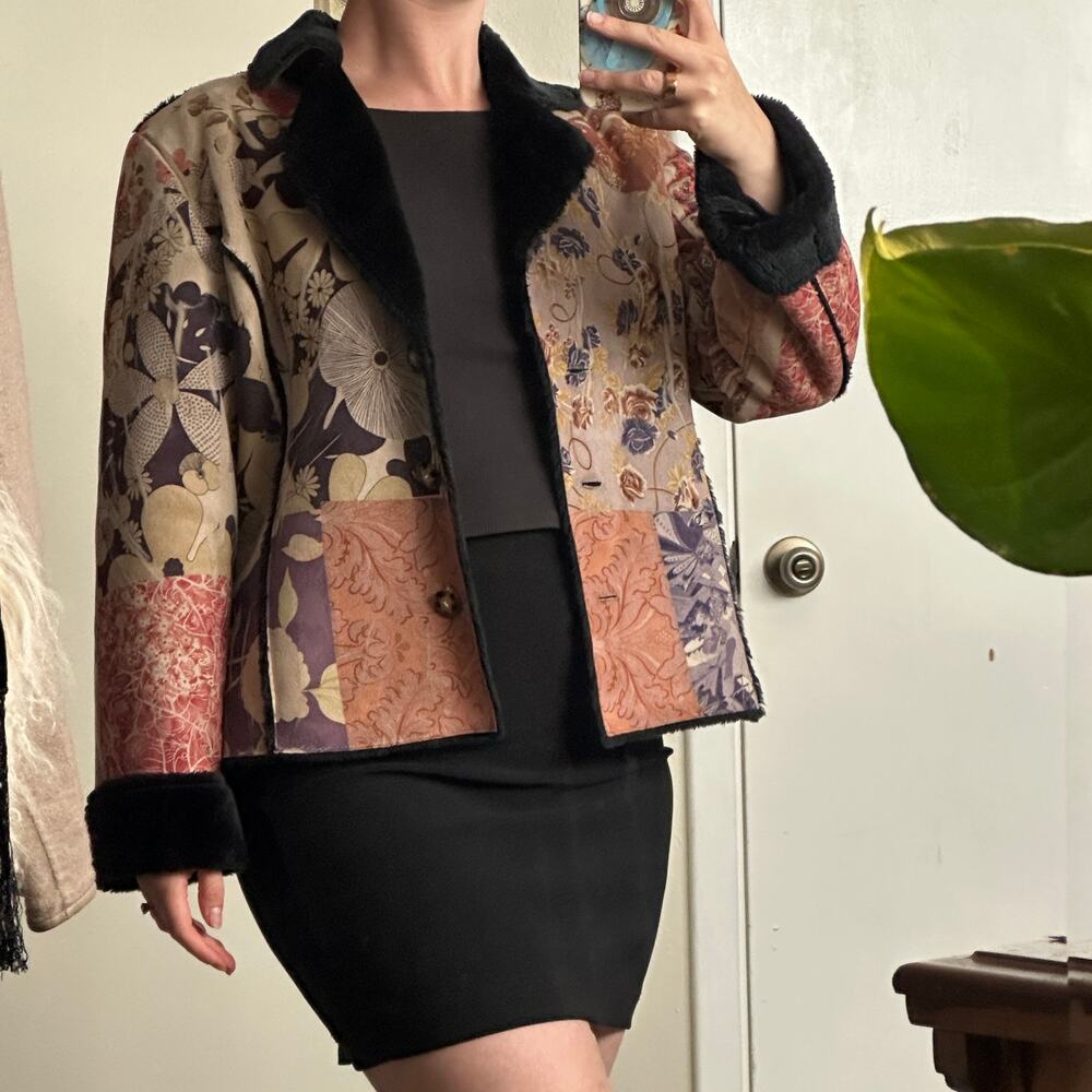 Vintage 90s Weavz Y2K Faux Suede Fur Multi Color Pattern Jacket Size Small